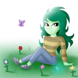 Size: 1500x1500 | Tagged: safe, artist:xethshade, derpibooru import, wallflower blush, butterfly, better together, equestria girls, forgotten friendship, clothes, grass, memory stone, pants, shoes, sitting, solo, sweater, wallflower and plants