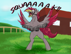 Size: 1832x1384 | Tagged: safe, artist:testostepone, derpibooru import, oc, oc only, oc:velvet quill, hippogriff, beak, bipedal, building, ear piercing, fence, flapping, grass, piercing, spread wings, strap on beak, wings