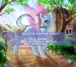 Size: 1920x1700 | Tagged: safe, artist:elzafox, derpibooru import, oc, earth pony, pegasus, pony, unicorn, commission, easter, holiday, solo, spread wings, wings, your character here