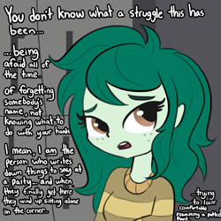 Size: 3000x3000 | Tagged: safe, artist:tjpones, derpibooru import, wallflower blush, better together, equestria girls, forgotten friendship, bust, clothes, dialogue, female, freckles, lockers, looking at you, parody, reginald barclay, solo, star trek, star trek: the next generation, sweater