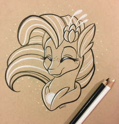 Size: 2980x3122 | Tagged: safe, artist:emberslament, derpibooru import, princess skystar, pony, seapony (g4), my little pony: the movie, colored pencils, eyes closed, monochrome, sketch, smiling, solo, traditional art