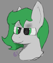 Size: 550x650 | Tagged: safe, artist:blacklightbuggo, derpibooru import, oc, oc only, oc:arbor, earth pony, pony, digital art, female, gray background, green eyes, green mane, high as fuck, lidded eyes, mare, simple background, sketch, smiling, solo