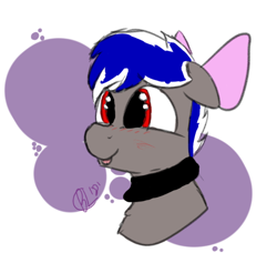 Size: 616x607 | Tagged: safe, artist:blacklightbuggo, derpibooru import, oc, oc only, oc:bassy, pegasus, pony, blushing, bow, collar, cute, male, multicolored hair, red eyes, smiling, solo, stallion, tongue out, trap