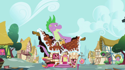 Size: 1280x720 | Tagged: safe, derpibooru import, screencap, spike, dragon, secret of my excess, greed spike, male, ponyville, ruins, solo, spikezilla, sugarcube corner