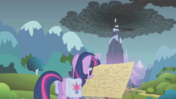 Size: 1280x720 | Tagged: safe, derpibooru import, screencap, twilight sparkle, unicorn twilight, pony, unicorn, dragonshy, dragon mountain, female, magic, map, mare, mountain, peak, saddle bag, smoke, solo, telekinesis