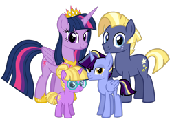 Size: 2304x1656 | Tagged: safe, artist:thecheeseburger, derpibooru import, star tracker, twilight sparkle, twilight sparkle (alicorn), oc, alicorn, earth pony, pony, unicorn, alicorn oc, colt, female, filly, glasses, honorary incest, looking at you, male, mare, next generation, offspring, parent:star tracker, parent:twilight sparkle, parents:twitracker, simple background, stallion, transparent background, twitracker