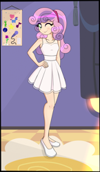 Size: 2721x4677 | Tagged: safe, artist:derpyramone, derpibooru import, sweetie belle, equestria girls, clothes, dress, female, hand on hip, human coloration, light skin, one eye closed, pose, room, see-through, shoes, smiling, solo, wink