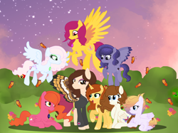 Size: 2592x1936 | Tagged: safe, artist:twokidsonamission, derpibooru import, oc, butterfly, pegasus, pony, bush, gradient mane, group, stars