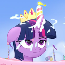 Size: 530x530 | Tagged: safe, derpibooru import, screencap, twilight sparkle, twilight sparkle (alicorn), alicorn, my little pony: the movie, cake, candle, cropped, crown, female, food, frosting, jewelry, mare, out of context, regalia, solo