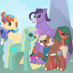 Size: 720x720 | Tagged: safe, artist:rubs, derpibooru import, oc, oc only, oc:amanita truffle, oc:clover charm, oc:lucky skipper, oc:savant scribe, oc:serenade gale, classical hippogriff, earth pony, hippogriff, pegasus, pony, unicorn, bandana, notebook, venus flytrap