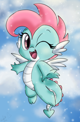Size: 800x1214 | Tagged: safe, artist:emositecc, derpibooru import, oc, oc only, oc:dim sum the dragon, dragon, cute, dragoness, fanart, female, flying, looking at you, one eye closed, solo, wings, wink