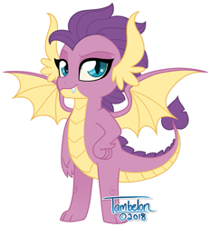 Size: 765x820 | Tagged: safe, artist:tambelon, derpibooru import, oc, oc only, oc:sizzle, dragon, female, horns, offspring, parent:smolder, parent:spike, parents:spolder, show accurate, solo