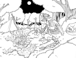 Size: 1024x783 | Tagged: safe, artist:tillie-tmb, derpibooru import, oc, oc only, pegasus, pony, campfire, female, fire, forest, mare, monochrome, moon, night, tent, tree