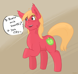 Size: 1250x1191 | Tagged: safe, artist:fuzzypones, derpibooru import, big macintosh, colored, cute, macabetes, male, missing accessory, simple background, solo, speech bubble, standing