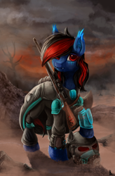 Size: 1024x1557 | Tagged: safe, artist:aschenstern, derpibooru import, oc, oc only, bat pony, pony, fallout equestria, bat pony oc, clothes, commission, gun, rifle, scenery, soldier, wasteland, weapon, ych result