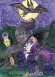 Size: 2471x3479 | Tagged: safe, artist:magnifsunspiration, derpibooru import, oc, oc:mysteria daytona-violett, bat, pony, unicorn, clothes, dress, female, hat, high res, mare, night, solo, traditional art, witch hat