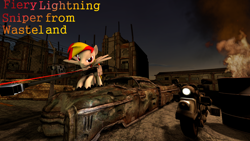 Size: 4000x2250 | Tagged: safe, artist:fiery_lightning, derpibooru import, oc, oc:fiery lightning, pegasus, pony, fallout equestria, barrel, building, destroyed, fallout, fire, gun, hooves, laser, male, motorcycle, night, optical sight, rifle, scope, sniper, sniper rifle, solo, spread wings, stallion, text, weapon, wings
