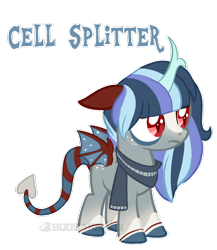 Size: 1024x1182 | Tagged: safe, artist:squeakshimi, derpibooru import, oc, oc:cell splitter, hybrid, base used, clothes, interspecies offspring, male, offspring, parent:discord, parent:trixie, parents:trixcord, scarf, simple background, solo, transparent background