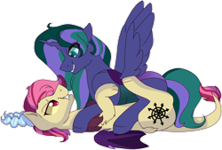 Size: 1024x692 | Tagged: safe, artist:kindheart525, artist:peep-dis, derpibooru import, oc, oc:bedlam, oc:firefly, alicorn, changepony, draconequus, hybrid, collaboration, alicorn oc, draconequus oc, female, interspecies offspring, kindverse, lesbian, looking at each other, magical lesbian spawn, oc x oc, offspring, offspring shipping, parent:discord, parent:fluttershy, parent:princess luna, parent:queen chrysalis, parents:chrysaluna, parents:discoshy, shipping, simple background, transparent background