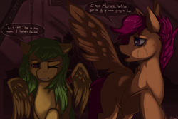 Size: 1280x853 | Tagged: safe, artist:blackkaries, derpibooru import, scootaloo, oc, oc:aurora, pegasus, pony, fanfic:rainbow factory, blood, crying, spread wings, wings