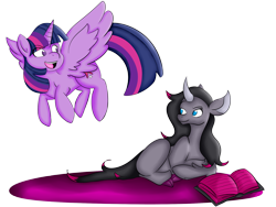 Size: 2000x1500 | Tagged: safe, artist:aaservantsheartuniverse, derpibooru import, oleander, twilight sparkle, twilight sparkle (alicorn), alicorn, classical unicorn, pony, unicorn, them's fightin' herds, book, cloven hooves, leonine tail, simple background, transparent background, unshorn fetlocks