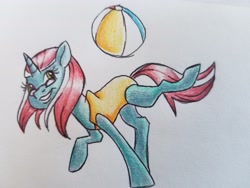 Size: 4032x3024 | Tagged: safe, artist:smirk, derpibooru import, oc, oc only, pony, unicorn, ball, beach ball, clothes, female, glasses, mare, raised leg, request, simple background, smiling, solo, swimsuit, traditional art, white background