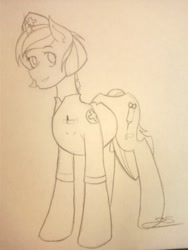 Size: 960x1280 | Tagged: safe, artist:dubsteppegasister, derpibooru import, oc, oc:sundrop, pony, unicorn, clothes, female, mare, monochrome, solo, traditional art