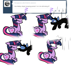 Size: 1999x1888 | Tagged: safe, artist:anonymous, derpibooru import, twilight sparkle, oc, oc:nebula, pony, unicorn, ask, boop, colt, magical lesbian spawn, male, offspring, parent:trixie, parent:twilight sparkle, parents:twixie, prone, simple background, sleeping, tumblr, tumblr:ask twixie, white background, zzz