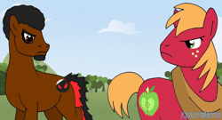 Size: 1024x554 | Tagged: safe, alternate version, artist:gloverboy23, derpibooru import, big macintosh, oc, oc:devon darkhooves, ponyville confidential, angry, apple orchard, edgy, glare, male, ow the edge, stallion