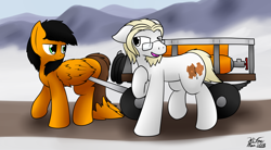 Size: 2520x1395 | Tagged: safe, artist:the-furry-railfan, derpibooru import, oc, oc only, oc:parchment bleach, oc:twintails, earth pony, pegasus, pony, air tank, dirt road, glasses, helium tank, hose, male, mountain, mountain range, snow, stallion, story included, this will end in balloons, wagon, walking, wheel