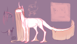 Size: 1024x584 | Tagged: safe, artist:eugenchen, derpibooru import, oc, oc only, pony, unicorn, blank flank, concept art, curved horn, leonine tail, long hair, long tail, reference sheet, size comparison, solo, wip