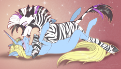 Size: 1748x1000 | Tagged: safe, artist:sunny way, derpibooru import, oc, oc only, oc:alhazred, oc:art's desire, pony, unicorn, zebra, abstract background, blushing, cheek fluff, chest fluff, cuddling, cute, eyes closed, female, floppy ears, fluffy, gradient background, grin, hoers, interspecies, kissing, leg fluff, legs in air, licking, lidded eyes, male, mare, misleading thumbnail, mlem, multicolored eyes, oc x oc, on back, on top, prone, rcf community, shipping, silly, smiling, sparkles, stallion, stars, straight, tongue out, underhoof, unshorn fetlocks, zebra oc