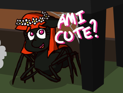 Size: 2000x1500 | Tagged: safe, artist:threetwotwo32232, derpibooru import, oc, oc only, monster pony, original species, spider, spiderpony, dialogue, floral head wreath, flower, looking at you, solo, table