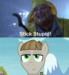 Size: 1270x1385 | Tagged: safe, derpibooru import, edit, edited screencap, screencap, mudbriar, human, the maud couple, clothes, crossover, dennis nedry, dialogue, jurassic park, male, meme, stallion, stick, this will end in death, this will end in pain