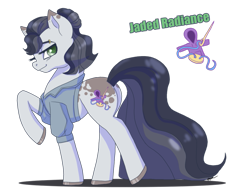 Size: 1017x786 | Tagged: safe, artist:xxcommandershepardxx, derpibooru import, oc, oc only, oc:jaded radiance, earth pony, pony, clothes, colored hooves, cutie mark, female, green eyes, jacket, mare, raised hoof, simple background, solo, transparent background