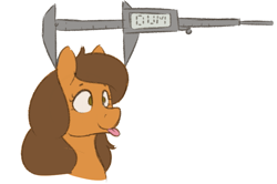 Size: 781x518 | Tagged: safe, artist:heftyhorsehostler, derpibooru import, oc, oc only, oc:annebell, pony, robot, robot pony, bust, calipers, dumb, female, phrenology, simple background, solo, tongue out, white background