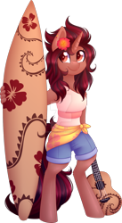 Size: 900x1642 | Tagged: safe, artist:scarlet-spectrum, derpibooru import, oc, oc only, oc:bramble angel mele, anthro, unguligrade anthro, unicorn, acoustic guitar, anthro oc, clothes, female, flower, flower in hair, mare, shirt, shorts, simple background, smiling, solo, surfboard, transparent background, watermark