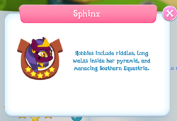 Size: 760x520 | Tagged: safe, derpibooru import, screencap, sphinx (character), sphinx, daring done?, game screencap, gameloft, solo, text