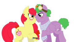 Size: 1024x561 | Tagged: safe, artist:strawberry-spritz, derpibooru import, apple bloom, spike, earth pony, pegasus, pony, alternate cutie mark, alternate hairstyle, blushing, bracelet, clothes, cute, female, freckles, glasses, goggles, jewelry, male, mare, older, older apple bloom, older spike, ponified, ponified spike, ribbon, scarf, shipping, simple background, species swap, spikebloom, stallion, straight, transparent background