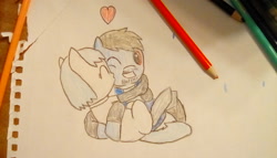 Size: 1600x912 | Tagged: safe, artist:dalekaresupreme, derpibooru import, oc, oc only, oc:daniel hoofs, oc:materia, cuddling, heart, kiss on the cheek, kissing, traditional art