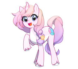 Size: 2321x2059 | Tagged: safe, artist:affurro, derpibooru import, oc, oc only, pony, unicorn, curved horn, cute, female, looking at you, mare, open mouth, raised hoof, simple background, smiling, solo, transparent background, unshorn fetlocks