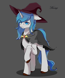 Size: 1024x1229 | Tagged: safe, artist:foxcarp, derpibooru import, oc, oc only, pony, unicorn, blue eyes, blue mane, cloak, clothes, colored hooves, concentrating, female, frown, gray background, hat, intense, mare, simple background, solo, white coat, wizard hat