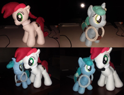 Size: 1501x1157 | Tagged: safe, artist:pearlyiridescence, derpibooru import, oc, oc:appleale, oc:sweetwater, earth pony, pony, unicorn, bowtie, female, filly, goggles, mare, plushie, small