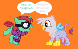 Size: 1260x796 | Tagged: safe, derpibooru import, oc, oc:quilly, oc:straight a's, griffon, pony, clothes, cute, female, filly, glasses, mare, pigtails, sweater