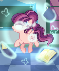 Size: 2556x3086 | Tagged: safe, artist:strawberry-spritz, derpibooru import, oc, oc only, oc:butterfly effect, pegasus, pony, alternate universe, base used, book, classroom, cutie mark, cutiespark, female, filly, floating, levitation, magic, offspring, parent swap au, parent:night light, parent:posey shy, parents:poseynight, ponytail, solo, spread wings, telekinesis, window, wings, younger