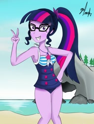 Size: 975x1280 | Tagged: safe, artist:markvoid21, derpibooru import, sci-twi, twilight sparkle, better together, equestria girls, forgotten friendship, adorasexy, armpits, beach, clothes, cute, glasses, lidded eyes, looking at you, ocean, peace sign, rock horse, sand, sexy, solo, swimsuit, twiabetes