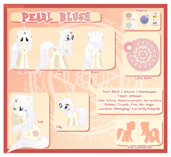 Size: 1024x939 | Tagged: safe, artist:kazziepones, derpibooru import, oc, oc:pearl blush, pony, unicorn, female, filly, jewelry, mare, necklace, plot, reference sheet, solo