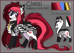 Size: 1100x792 | Tagged: safe, artist:tenebristayga, derpibooru import, oc, oc only, oc:chelsi, pegasus, pony, chest fluff, collar, colored hooves, colored wings, female, heterochromia, long hair, long tail, looking back, mare, reference sheet, socks (coat marking), solo