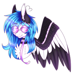 Size: 2984x2779 | Tagged: safe, artist:honeybbear, derpibooru import, oc, oc only, oc:beatz, pegasus, pony, bust, chest fluff, collar, colored pupils, colored wings, colored wingtips, ear fluff, ear piercing, female, glasses, high res, looking at you, mare, piercing, portrait, simple background, solo, spread wings, transparent background, two toned wings, wings