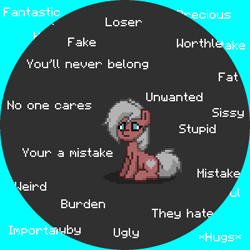 Size: 400x400 | Tagged: safe, derpibooru import, part of a set, oc, oc only, oc:velvet love, pony, bashing, blue background, blue eyes, bullying, discorded, female, grammar error, gray background, hate, love, mare, misspelling, misspelling of you're, pony town, sad, sexism, simple background, solo, text, trolling, unreadable text, white hair